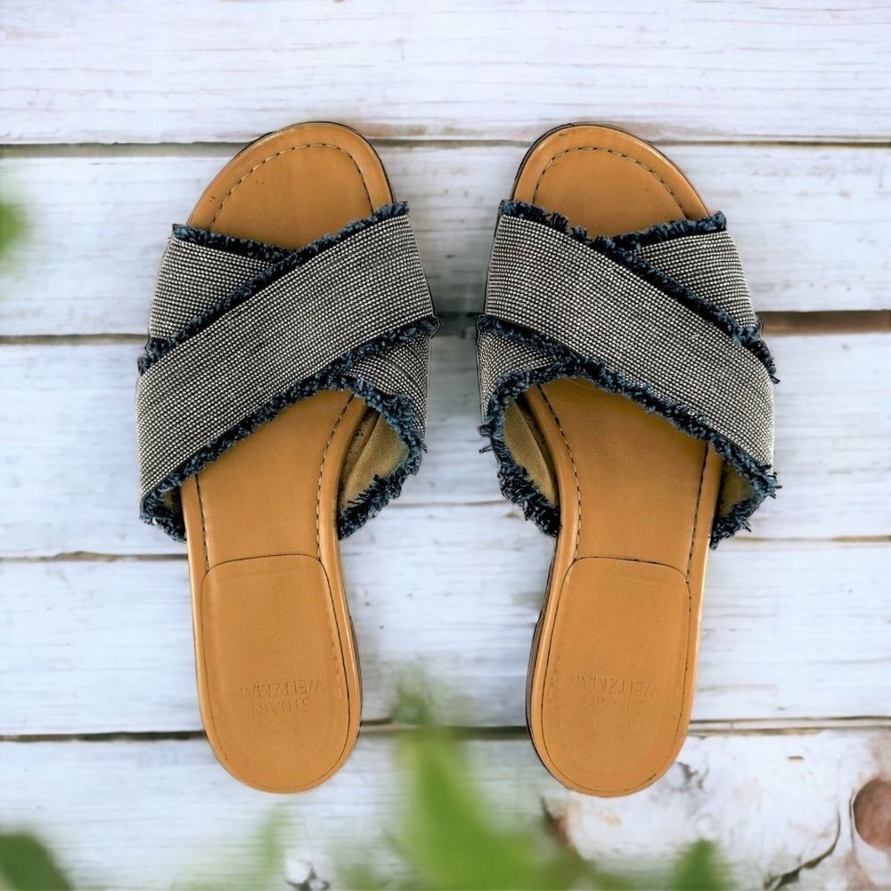 Stuart Weitzman Edgedout Glitter & Blue Denim Fringe Sliders Sandals Size 10